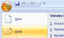 3.2 AVAAMINEN JA SULKEMINEN 1. Napsauta Office-painiketta. 2. Valitse Avaa (Open). 3. Valitse avautuvasta valintaikkunasta kansio. 4. Valitse avattava tiedosto. 5. Napsauta Avaa (Open).