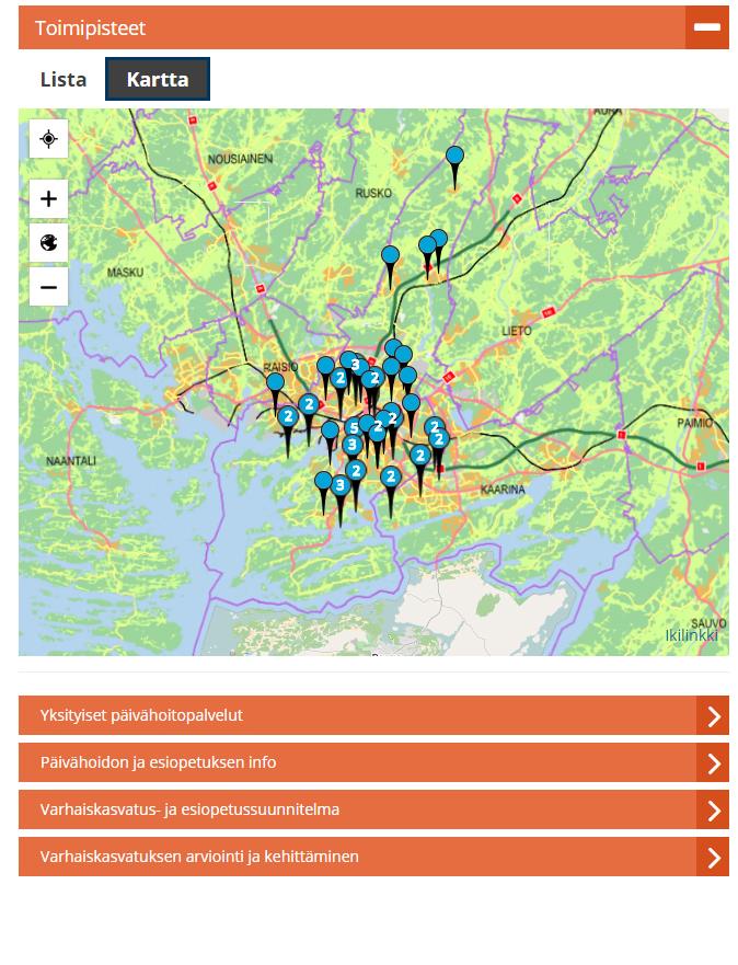 Kaikki 57 päivähoitoyksikköä avautuvat listamuotoiseen näkymään.