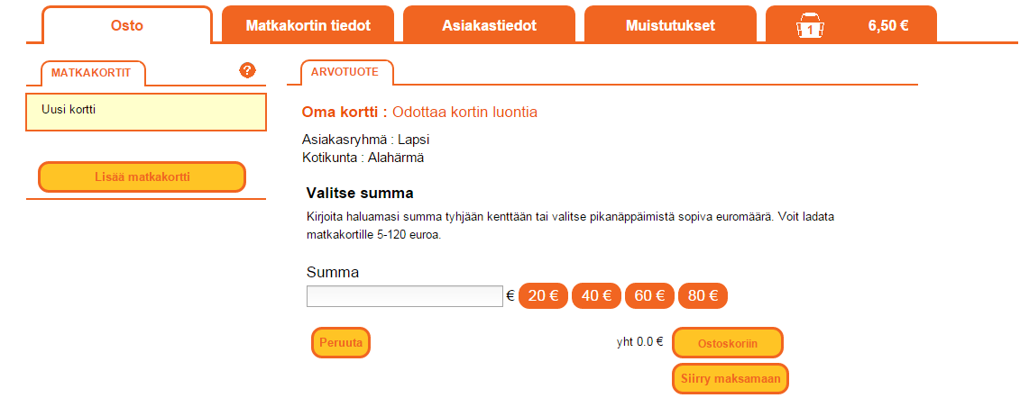 Painamalla Ostoskoriin-painiketta valittu tuote siirtyy ostoskoriin. Jos haluat ostaa lisäksi myös arvoa matkakortille, valitse uudelleen Osto-välilehti.