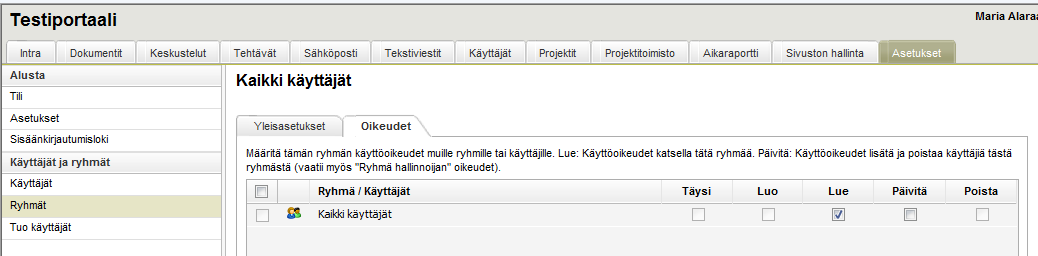 Tarkempi kuvaus ryhmähallinnoijista; Ryhmähallinnoija pääsee sisään Asetukset -moduuliin, mutta näkee vain Käyttäjät ja Ryhmät vasemmassa ruudussa.