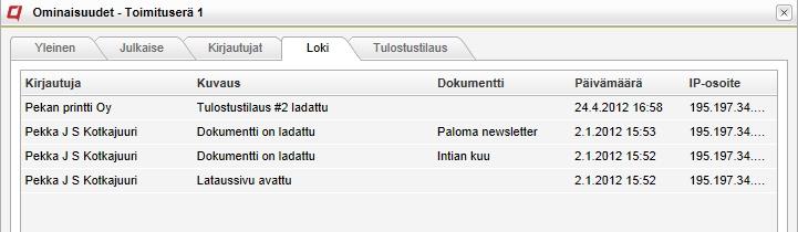 Tulostustilauksen lataussivu Kokoelman loki sisältää tiedon tulostustilauksen latauksista.