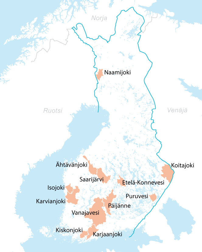 Kohdealueet Vaikutukset kohdistuvat Natura-alueisiin tai direktiivilajeihin (jokihelmisimpukka) 4 järvikohdetta 2 sisämaan vesireittikohdetta 6