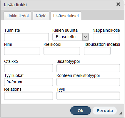 7. Saat näkyviin seuraavat tiedot 8. Kohdassa Tyyliluokat on kerrottu ko. aineikonin nimi (tässä tapauksessa fn-forum), joka on hyvä laittaa muistiin.