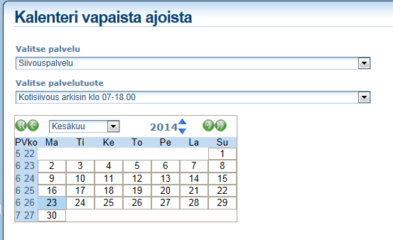 4.7 Kalenteri vapaista ajoista Mikäli käytät Kalenteri toimintoa, tulee sitä päivittää aina tilanteen mukaan. Kalenteritoiminnolla voit ilmoittaa vapaita palveluaikojasi päivätasolla.