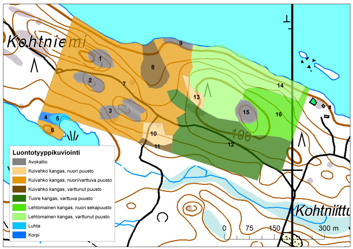 4 Kuva 2-4. Selvitysalueen yleispiirteinen kuviointi vallitsevan luontotyypin ja puuston mukaan. Taulukko 1. Kuviokohtaiset kuvaukset.