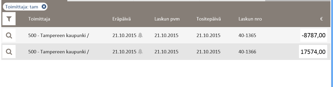 Toukokuu 2016 13 (32) - eräpäivä lähestyy. Ikoni näkyvissä mikäli laskun eräpäivään on alle 7 vuorokautta. 4.1 Suodatus Taulukkonäkymissä olevia rivejä voidaan suodattaa halutun laskutiedon mukaan.