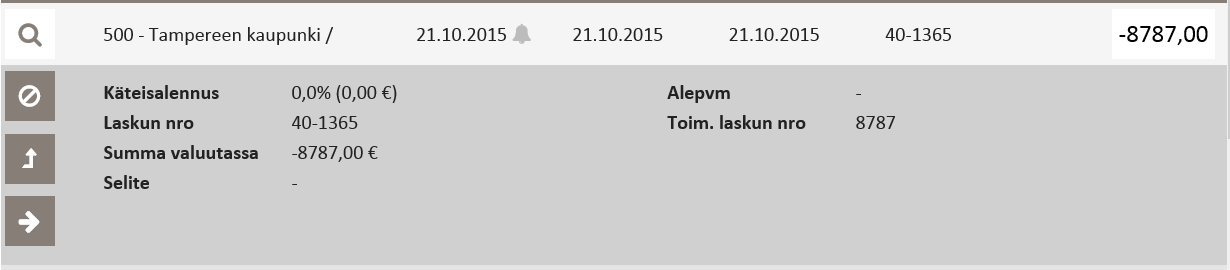 Toukokuu 2016 14 (32) Yksittäisen laskun lisätiedot ja käsittelytoiminnot saadaan esiin klikkaamalla haluttua laskuriviä, jolloin näytöllä esitetään alla oleva laskurivin laajennos.