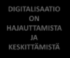 Digitalisaation kokonaisnäkemys integroitu organisaatio ja hajautettu hyvinvointi DIGITALISAATIO ON HAJAUTTAMISTA JA KESKITTÄMISTÄ KESKITTÄMINEN