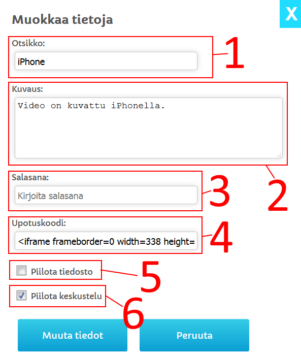 Kuva 9. Tiedoston asetukset -ikkuna. 1. Tiedoston otsikko. Otsikko voi olla enintään 30 merkkiä pitkä. 2. Tiedoston kuvaus kirjoitetaan tähän kohtaan. Kuvaus voi olla enintään 200 merkkiä pitkä. 3. Jos tiedosto halutaan suojata salasanalla, tähän kohtaan kirjoitetaan salasana.