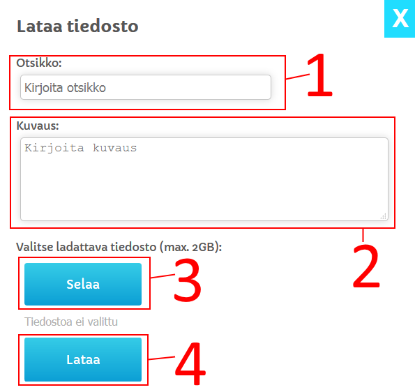 2.3 Tiedoston lataaminen Tallennepalveluun Tiedoston lataaminen aloitetaan painamalla Lataa tiedosto -painiketta Tallennepalvelun hallinnassa. Seuraavaksi tulee alla olevan kuvan mukainen ikkuna.