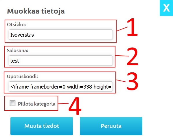 2.4.1 Kansion asetukset Kansion asetuksiin pääsee asetukset-painikkeella. Kuva 13. Kansion asetukset. 1. Kansion nimi (enintään 30 merkkiä). 2. Kansion suojaaminen salasanalla (enintään 20 merkkiä).