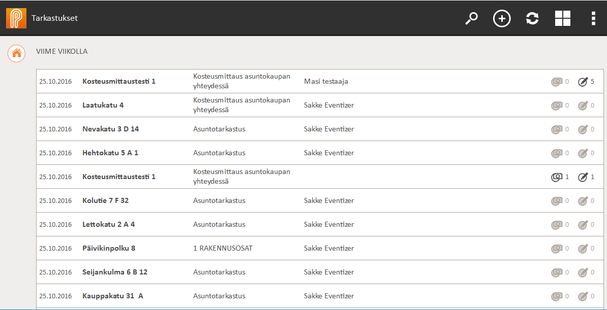 2.3. Aloitusnäkymä Aloitusnäkymässä (Kuva 1) näkyy aktiiviset tarkastukset joko lista- tai ruudukkomuodossa.