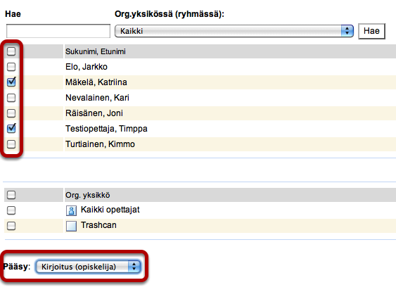 HUOM! Jos osallistujaa ei pelkällä sukunimihaullakaan löydy, ota yhteyttä atk-tukeen (tuki@diak.fi)! Valitse opiskelijat ja anna oikeudet Valitse listasta opiskelijat, jotka haluat liittää kurssille.