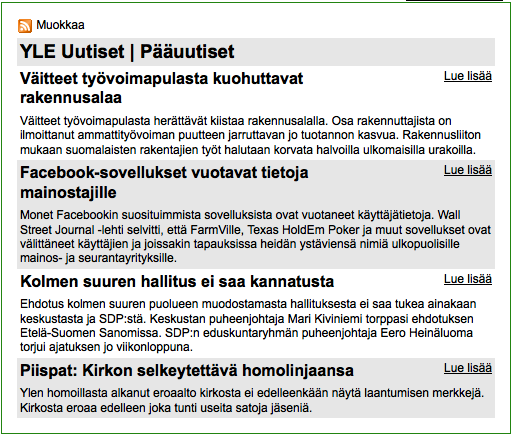 Sivun esikatselu Siirry sivulle, jolle lisäsit Oman sivun objektin ja varmista, että RSS-syöte näkyy