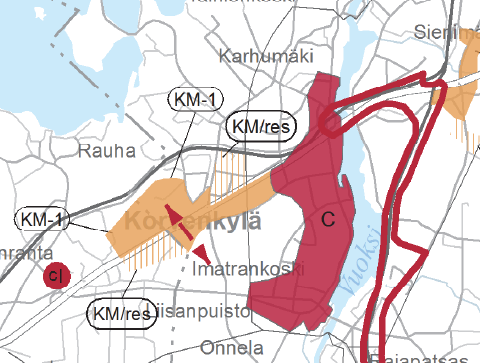 kehittämisen kohdealuetta (mv) tärkeää pohjavesialuetta (pv) ja taajamatoimintojen (A) sekä tuotantotoiminnan ja palveluiden aluetta (TP-1).