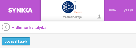 3 Kyselyt-valikko Vastaanottajat voivat luoda kyselyitä, joihin määritetään minkä kriteereiden mukaan vastaanottajat haluavat saada Synkka Tuotteesta tuotetietosanomia.