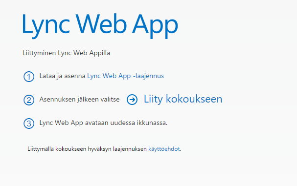 Sivulla edetään eteenpäin klikkaamalla Liity Web App sovelluksella linkkiä. Seuraavaksi asennetaan Web App -laajennus koneelle klikkaamalla Web App -laajennus linkkiä.