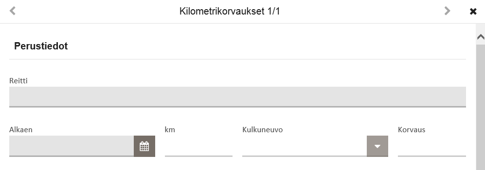 Toukokuu 2016 17 (57) Reitti Alkaen km Kulkuneuvo Korvaus Ajoreitti mikä on ajettu. Tieto on pakollinen. Päivämäärä jolloin ajo on tehty. Tieto voidaan valita kalenterista tai syöttää.