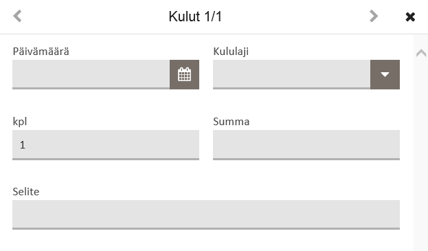 Toukokuu 2016 22 (57) 4.4 Kulut Täytä painiketta painamalla avautuu kulujen syöttönäkymä. Päivämäärä Kululaji Kpl Summa Selite Tieto voidaan valita kalenterista tai syöttää. Tieto on pakollinen.