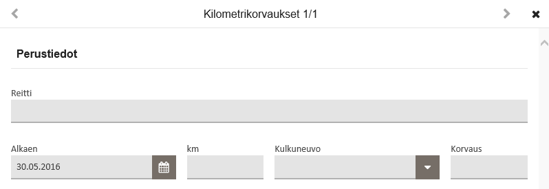 Toukokuu 2016 31 (57) 5.4 Kilometrikorvaukset Täytä painiketta painamalla avautuu kilometrien syöttönäkymä. Reitti Alkaen km Kulkuneuvo Korvaus Ajoreitti mikä on ajettu. Tieto on pakollinen.