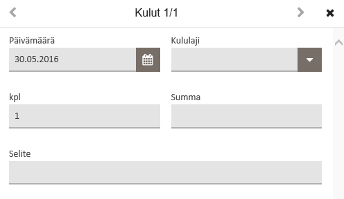 Toukokuu 2016 36 (57) 5.5 Kulut Täytä painiketta painamalla avautuu kulujen syöttönäkymä. Päivämäärä Kululaji Kpl Summa Selite Päivämäärä täydentyy matkalaskulle syötetyn alkupäivämäärän mukaan.
