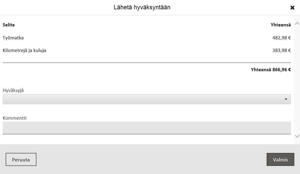 Toukokuu 2016 44 (57) Kun lasku on valittu, ikkunan alareunaan ilmestyy palkki jossa näytetään valittujen laskujen kappalemäärä sekä summa, sekä Lähetä hyväksyntään painike.