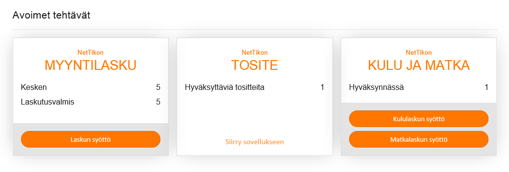 Toukokuu 2016 9 (57) 3.1.2 Avoimet tehtävät Etusivun Avoimet tehtävät-osiossa esitetään käyttäjällä olevia avoimia tehtäviä eri NetTikon-sovelluksissa.