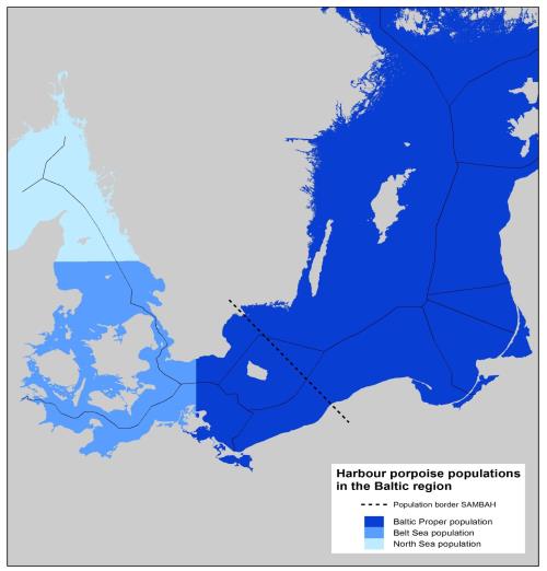FI EE SE LV LT DK Itämeren alueen eri pyöriäispopulaatioiden käyttämät alueet: Pohjanmeren populaatio länsipuolella (vaaleansininen), Beltinmeren populaatio Tanskan salmialueella ja Itämeren