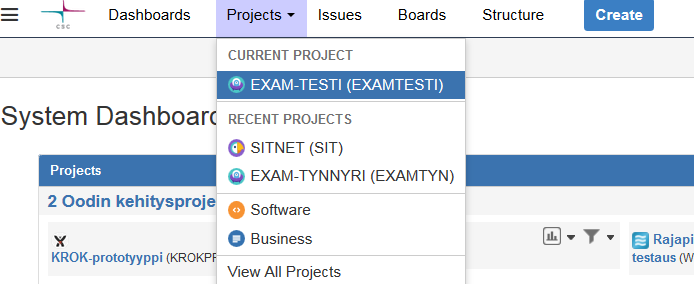 JIRA-tikettijärjestelmä https://jira.csc.