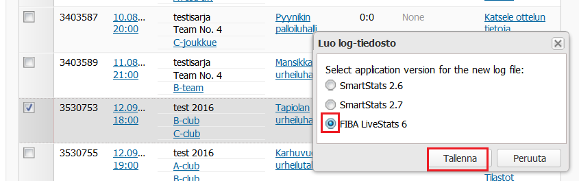 Kirjaudu joukkueen yhteyshenkilön tunnuksilla baskethotelliin. Hae ottelu jonka tilastotiedoston tarvitset, klikkaa Tilastot painiketta.