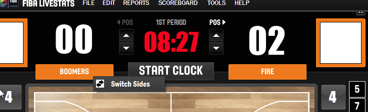 Koska FIBA LiveStats -ohjelmassa heittotapahtumat tulee merkitä joukkueen omassa hyökkäyspäässä, voi olla tarpeen vaihtaa joukkueiden puolia.