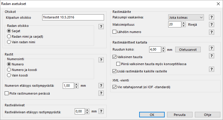 Vihtavuoren Pamaus ry./jle 17/35 Valitse ylävalikosta Ratasuunnittelu ja sen alta Asetukset Näyttöön avautuu Radan asetukset-ikkuna (Kuva 37). Kenttien perässä olevista?