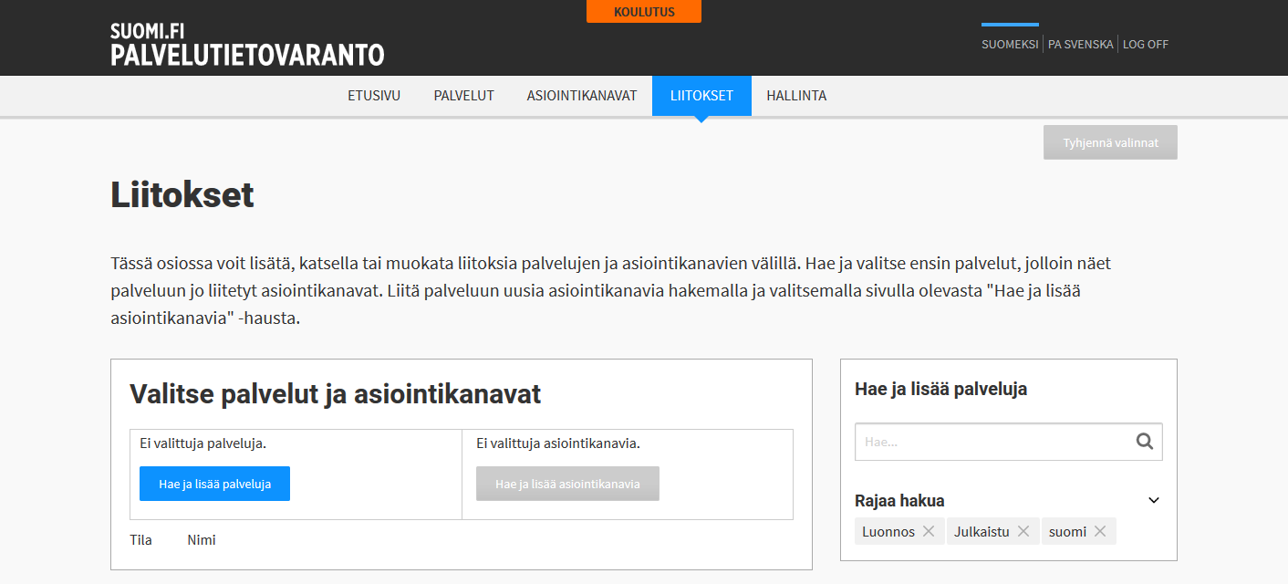 OHJE 38 (47) 5 Liitokset muutoksia versiossa 1.3 Palvelun ja siihen liittyvien asiointikanavien liitosten tekeminen on uudistunut täysin versiossa 1.3. Palvelun ja asiointikanavien liittäminen tehdään Liitokset-osiossa.