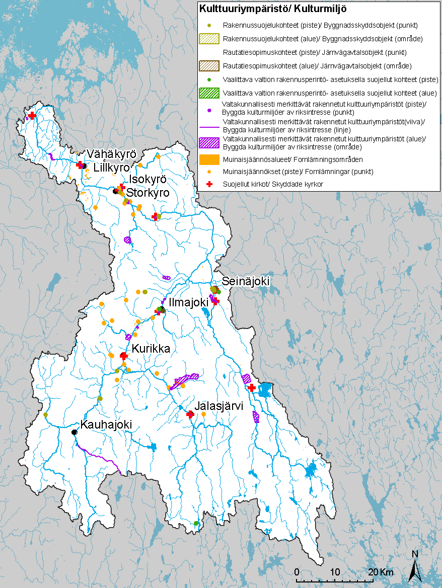 Kyrönjoen vesistöalueella esiintyy useita esihistoriallisia kiinteitä muinaisjäännöksiä, jotka ovat etupäässä kivi- ja hautaröykkiöitä sekä asuinpaikkoja (Kuva 11).