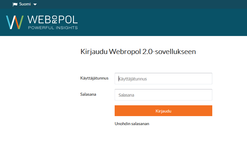 Kirjautuminen Webropoliin Syöttämällä käyttäjätunnuksen ja salasanan pääset kirjautumaan Webropol- sovellukseen. Kirjautumissivun osoite on www.webropolsurveys.com.
