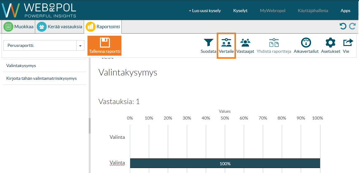 Voit suodattaa raportin tuloksia asettamiesi suodatusehtojen mukaisesti. Klikkaa painiketta Suodata, jolloin avautuu seuraava näkymä.