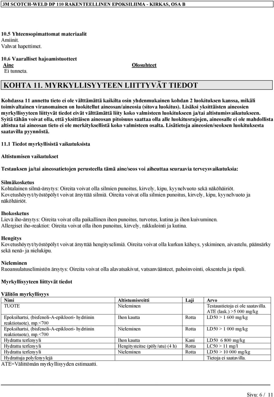 aineosan/aineosia (sitova luokitus). Lisäksi yksittäisten aineosien myrkyllisyyteen liittyvät tiedot eivät välttämättä liity koko valmisteen luokitukseen ja/tai altistumisvaikutukseen.