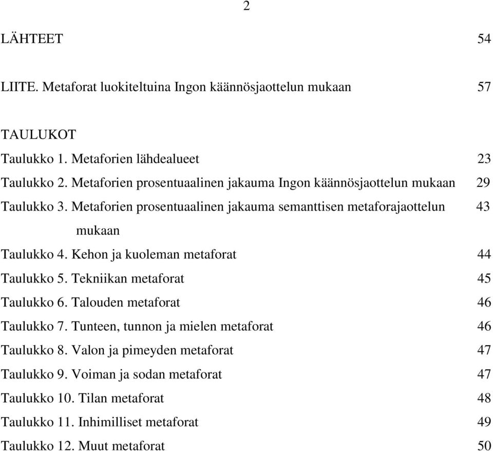 Metaforien prosentuaalinen jakauma semanttisen metaforajaottelun 43 mukaan Taulukko 4. Kehon ja kuoleman metaforat 44 Taulukko 5.