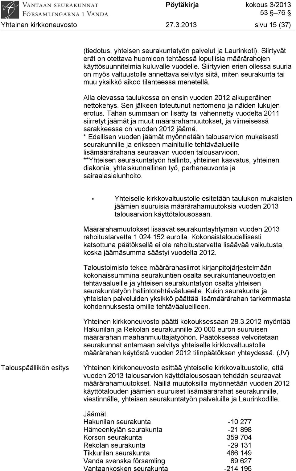 Siirtyvien erien ollessa suuria on myös valtuustolle annettava selvitys siitä, miten seurakunta tai muu yksikkö aikoo tilanteessa menetellä.