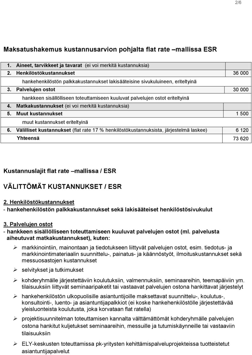 Palvelujen ostot 30 000 hankkeen sisällölliseen toteuttamiseen kuuluvat palvelujen ostot eriteltyinä 4. Matkakustannukset (ei voi merkitä kustannuksia) 5.