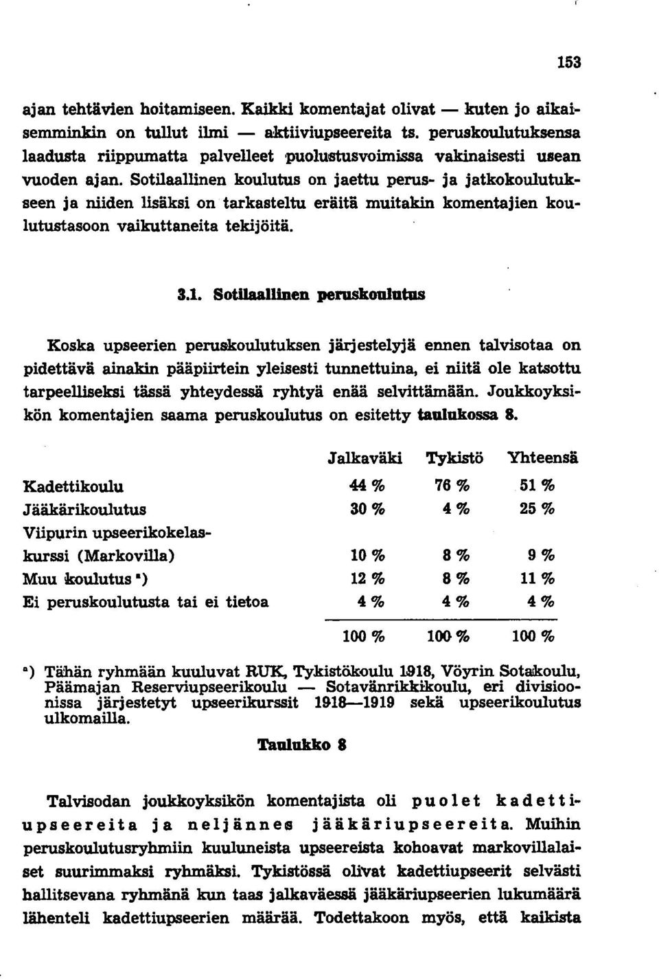 Sotilaallinen koulutus on jaettu perus- ja jatkokoulutukseen ja niiden lisäksi on tarkasteltu eräitä muitakin komentajien koulutustasoon vaikuttaneita tekijöitä. 3.1.