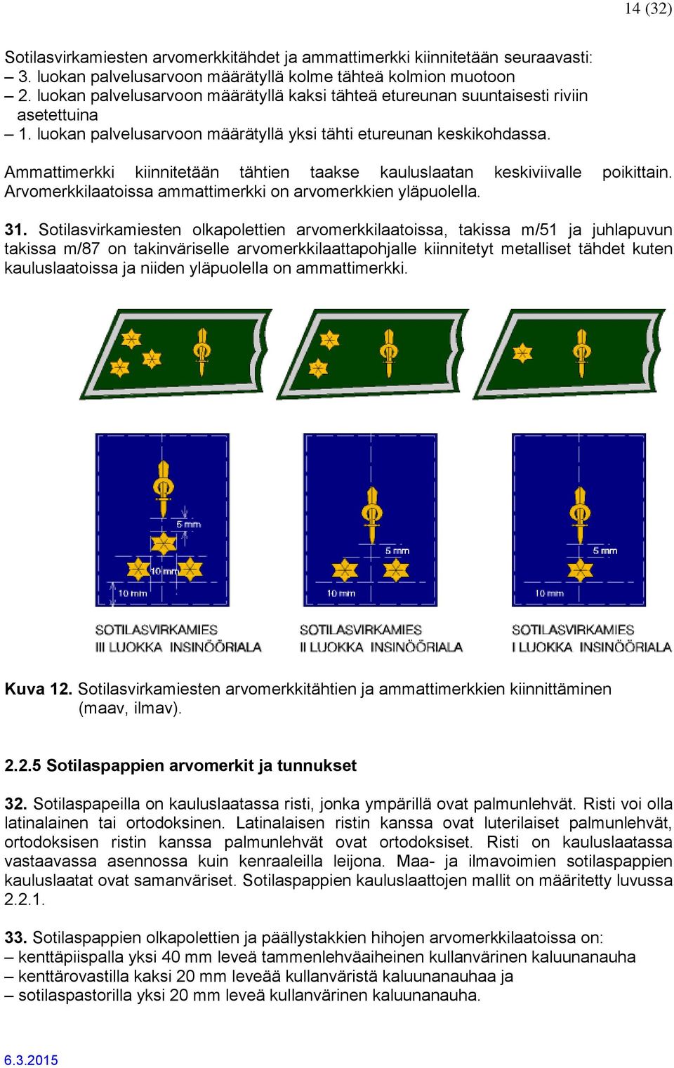 Ammattimerkki kiinnitetään tähtien taakse kauluslaatan keskiviivalle poikittain. Arvomerkkilaatoissa ammattimerkki on arvomerkkien yläpuolella. 31.