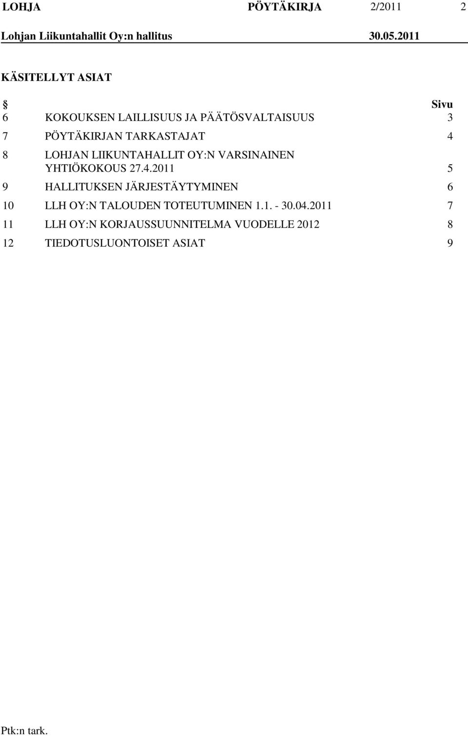 4 8 LOHJAN LIIKUNTAHALLIT OY:N VARSINAINEN YHTIÖKOKOUS 27.4.2011 5 9 HALLITUKSEN JÄRJESTÄYTYMINEN 6 10 LLH OY:N TALOUDEN TOTEUTUMINEN 1.