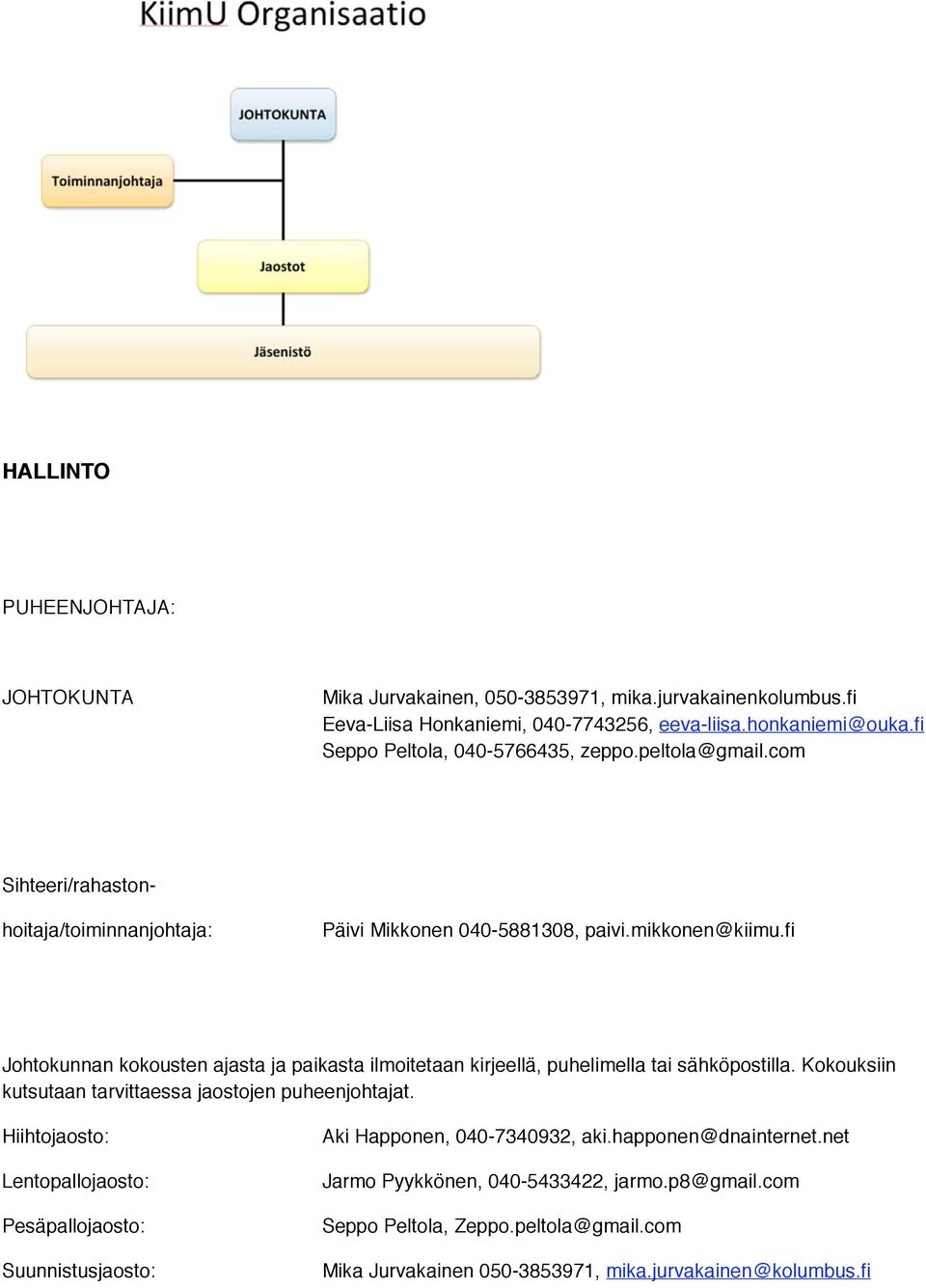 fi Johtokunnan kokousten ajasta ja paikasta ilmoitetaan kirjeellä, puhelimella tai sähköpostilla. Kokouksiin kutsutaan tarvittaessa jaostojen puheenjohtajat.