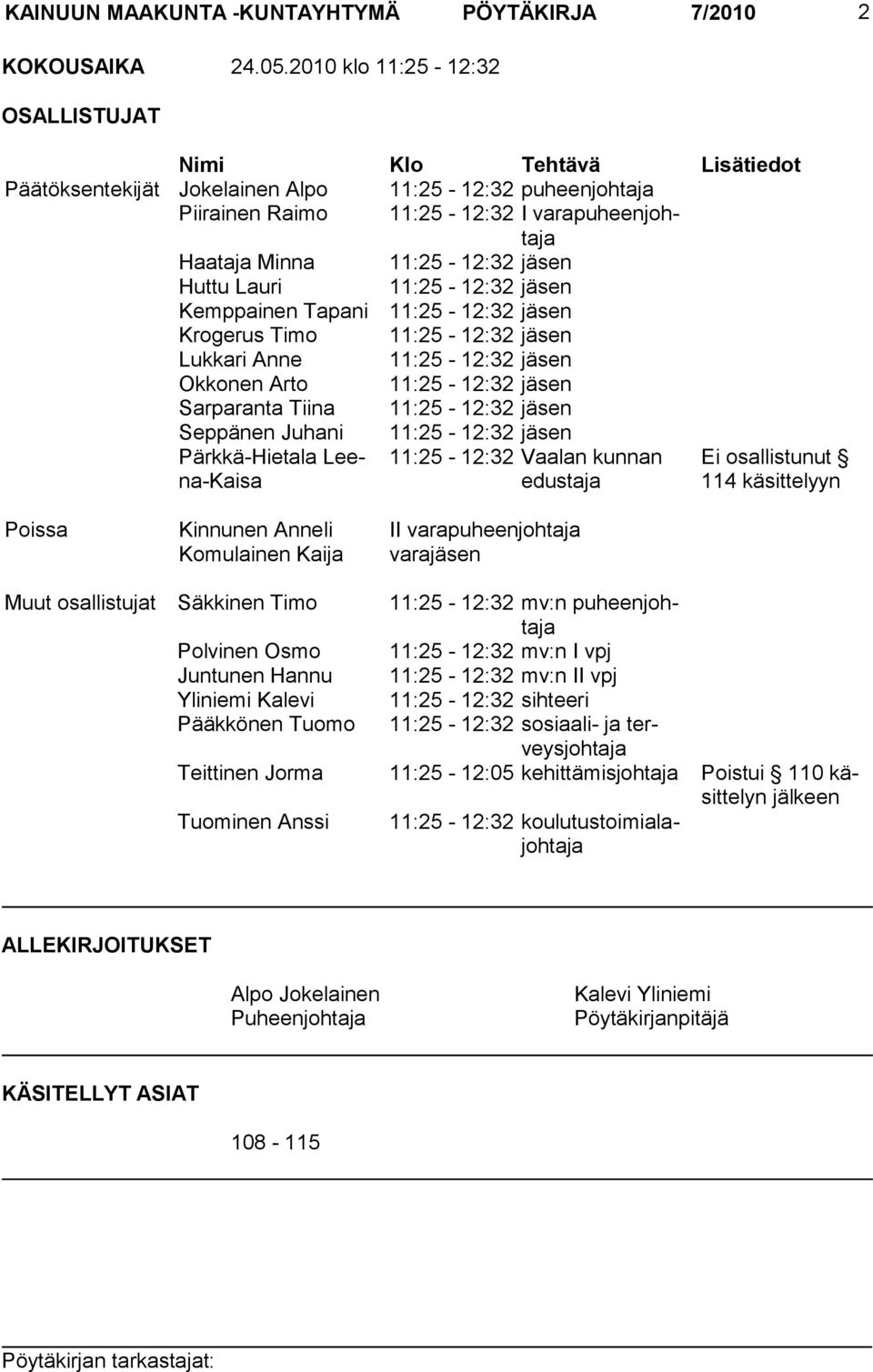 jäsen Huttu Lauri 11:25-12:32 jäsen Kemppainen Tapani 11:25-12:32 jäsen Krogerus Timo 11:25-12:32 jäsen Lukkari Anne 11:25-12:32 jäsen Okkonen Arto 11:25-12:32 jäsen Sarparanta Tiina 11:25-12:32