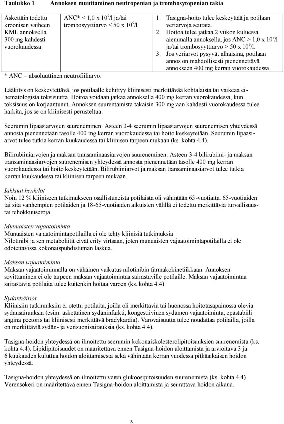 Hoitoa tulee jatkaa 2 viikon kuluessa aiemmalla annoksella, jos ANC > 1,0 x 10 9 /l ja/tai trombosyyttiarvo > 50 x 10 9 /l. 3.