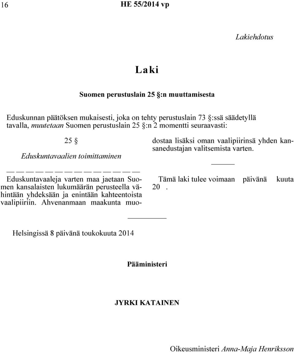 lukumäärän perusteella vä- 20. Tämä laki tulee voimaan päivänä hintään yhdeksään ja enintään kahteentoista vaalipiiriin.