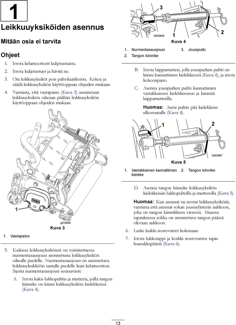 Nurmentasausjousi 3. Jousiputki 2. Tangon kiinnike B. Irrota laippamutteri, jolla jousiputken pultti on kiinni kannattimen kielekkeessä (Kuva 4), ja irrota kokoonpano. C.