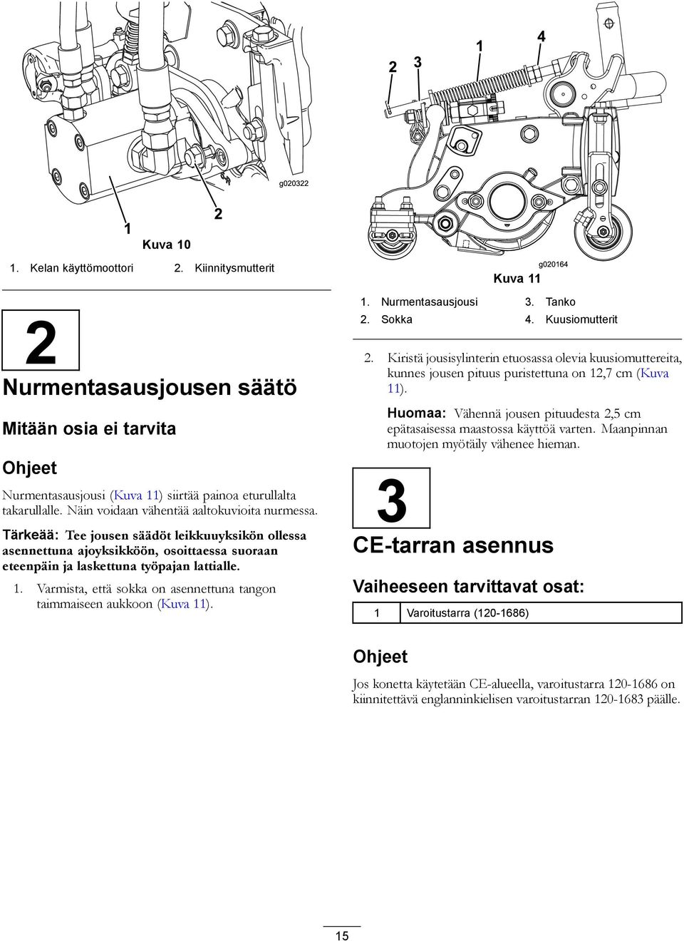 Varmista, että sokka on asennettuna tangon taimmaiseen aukkoon (Kuva 11). g020164 Kuva 11 1. Nurmentasausjousi 3. Tanko 2. Sokka 4. Kuusiomutterit 2.