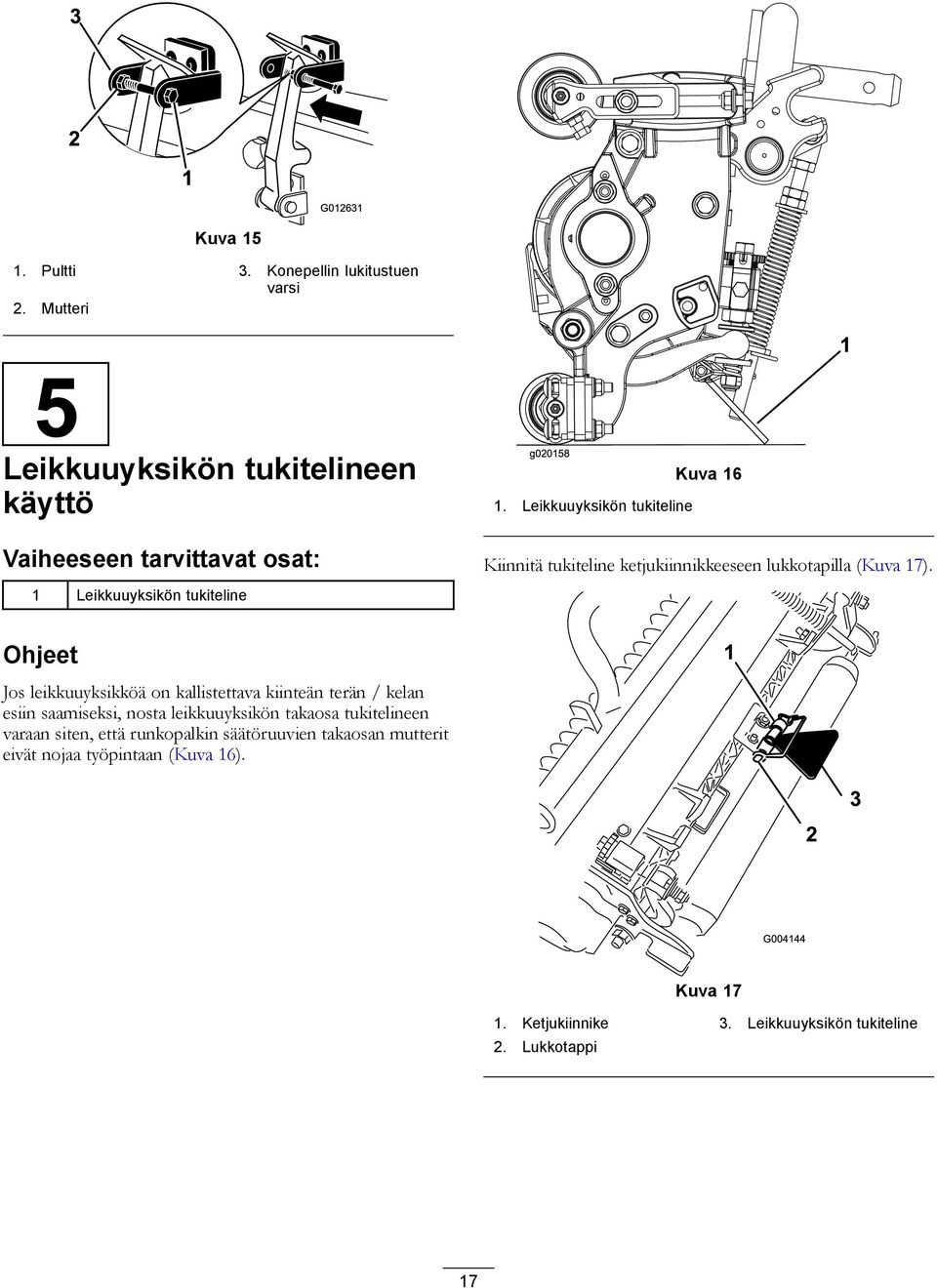 Leikkuuyksikön tukiteline Kiinnitä tukiteline ketjukiinnikkeeseen lukkotapilla (Kuva 17).